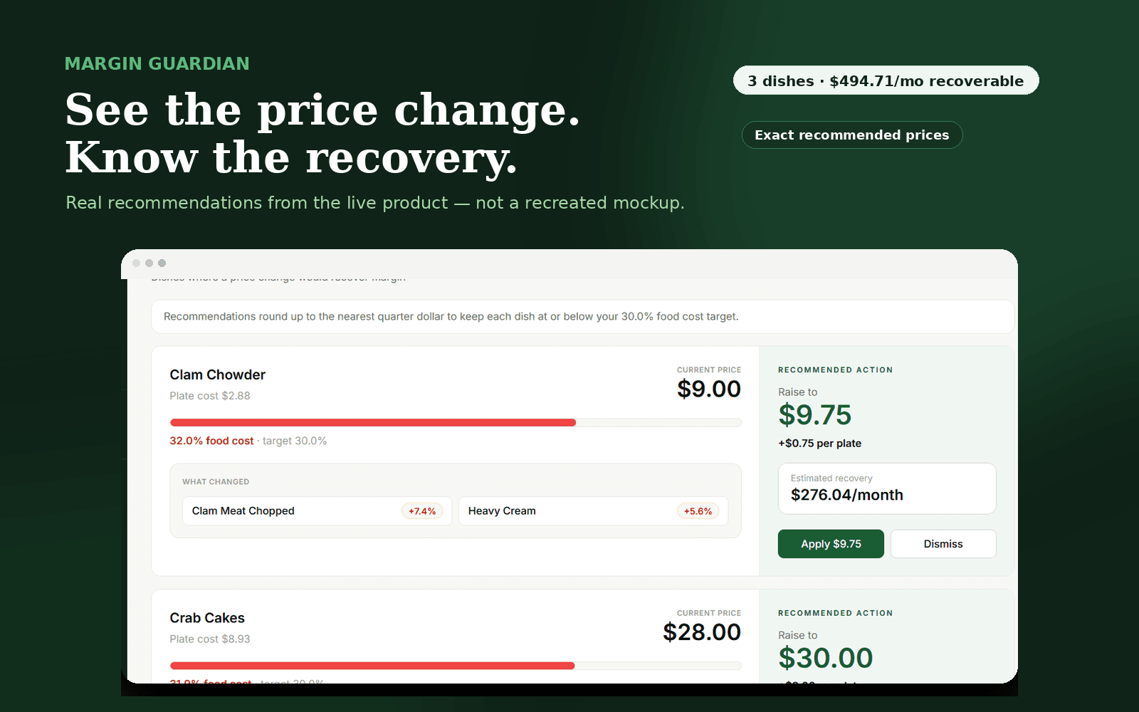 Good Provisions Margin Guardian showing a real price-recovery recommendation